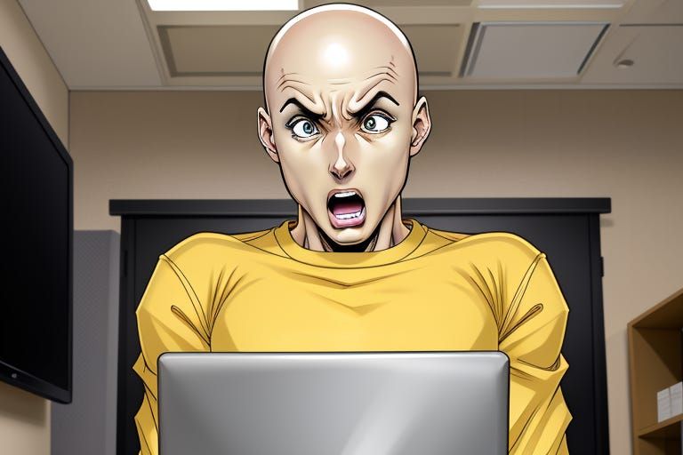 surprised male  behind a black laptop, bald, office environment, facing the camera, afraid, actor, yellow shirt, shocked
